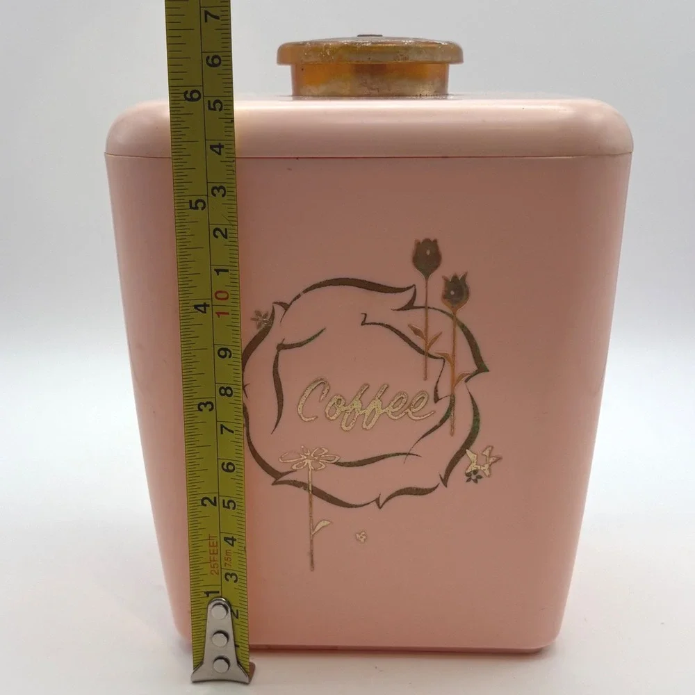 Vtg‎ Pink Lustro Ware Coffee Canister MCM Plastic Gold Floral Retro Cottagecore